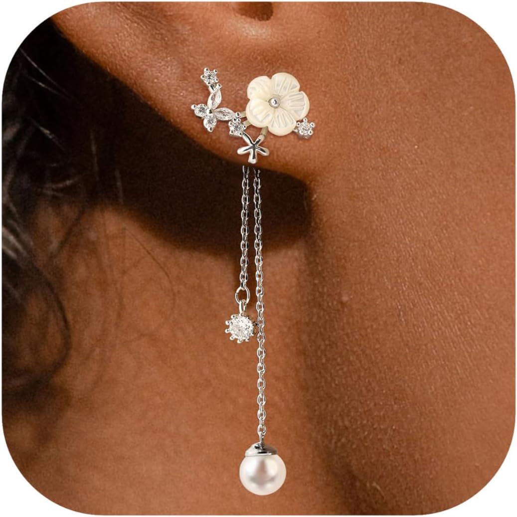 Aretes colgantes de perlas para mujer, cadena larga de enhebrador,...