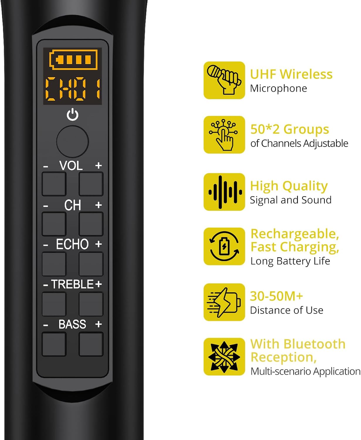 PROZOR Micrófono inalámbrico UHF con control de eco de graves agudo...
