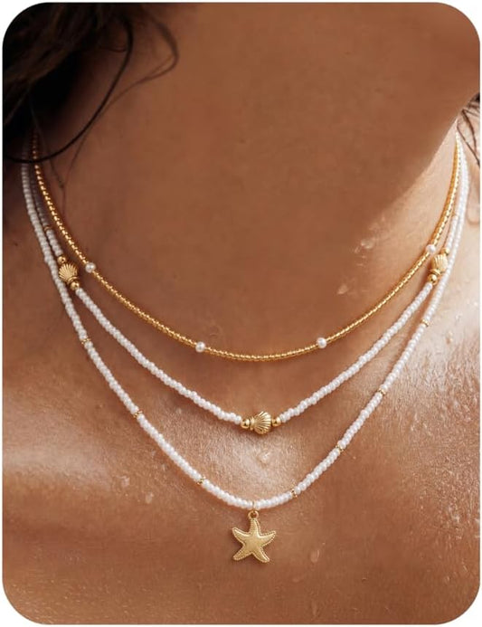 LOYALLOOK Collar de estrella de mar de concha para mujer, chapado e...