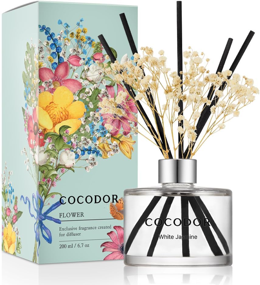 COCODOR - Difusor con flores preservadas, aceite de jazmín blanco y...