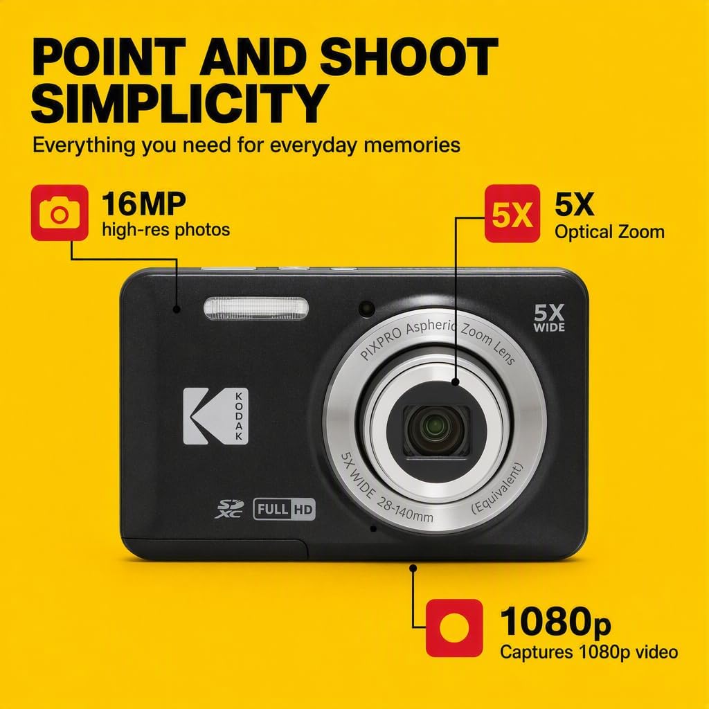 Kodak PIXPRO FZ55 - Cámara digital con sensor CMOS rojo de 16 MP co...