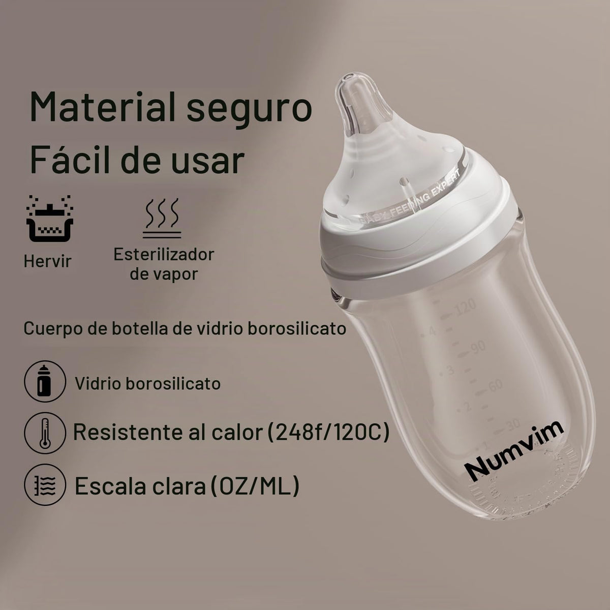 Numvim Biberones de vidrio natural para bebés de flujo suave y lent...