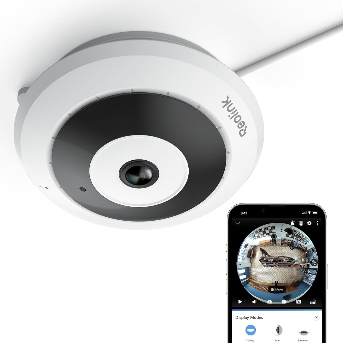 REOLINK Cámara de seguridad WiFi ojo de pez, 2K+ 6MP panorámica de...