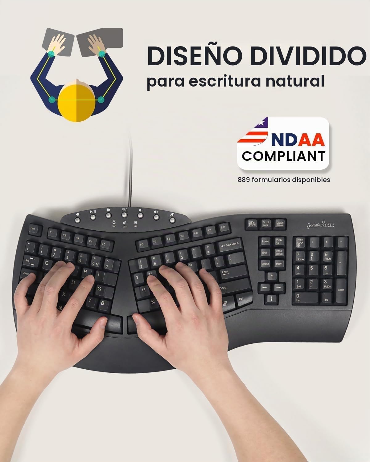 Perixx PERIBOARD-512B - Teclado ergonómico con cable, teclado divid...
