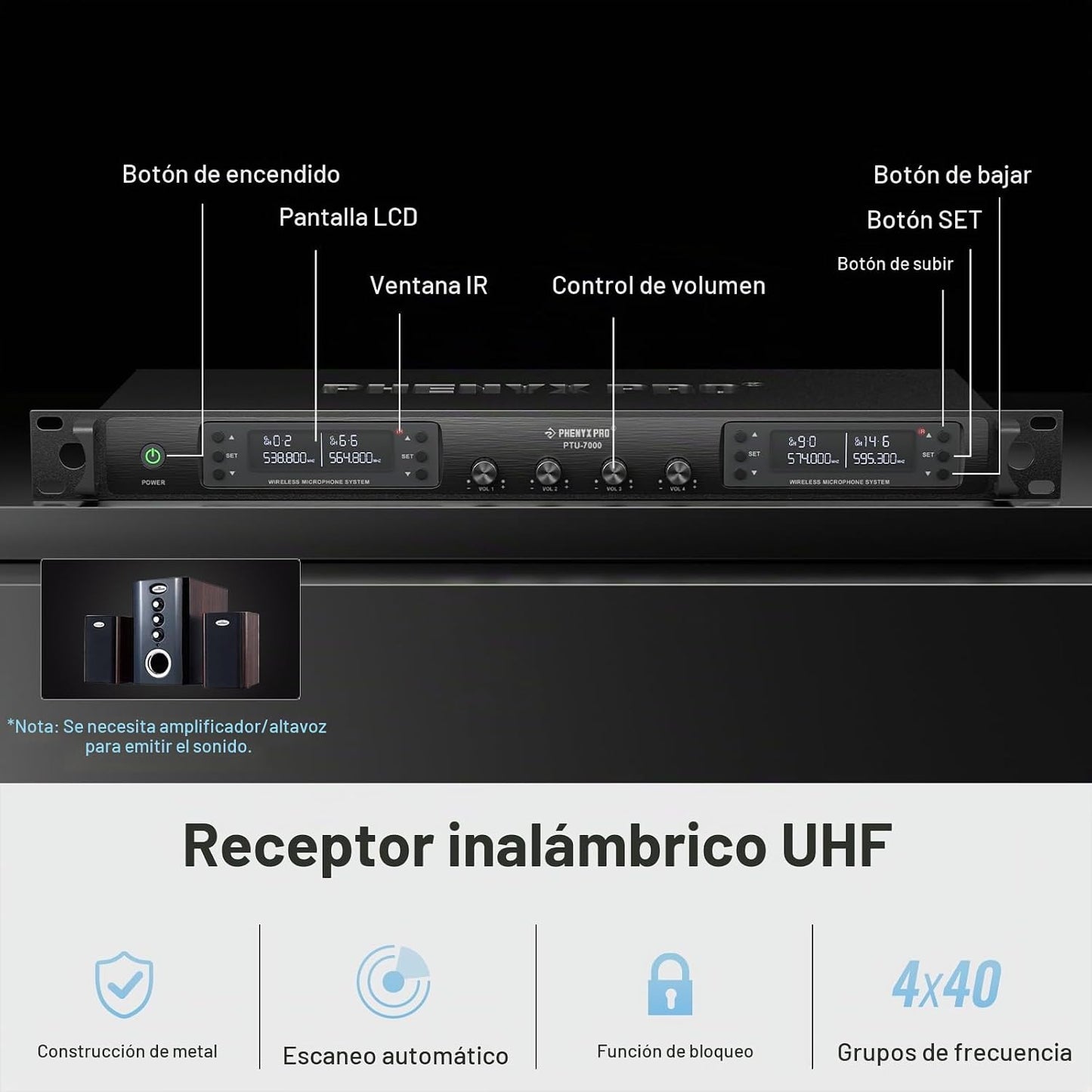 Phenyx Pro Sistema de micrófono inalámbrico de 4 canales con escane...