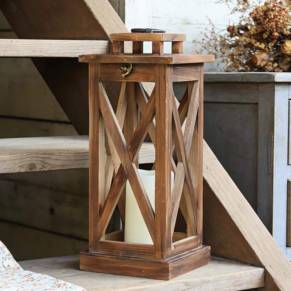 DECORKEY Farol rústico de madera para velas, 17 pulgadas de alto, d...