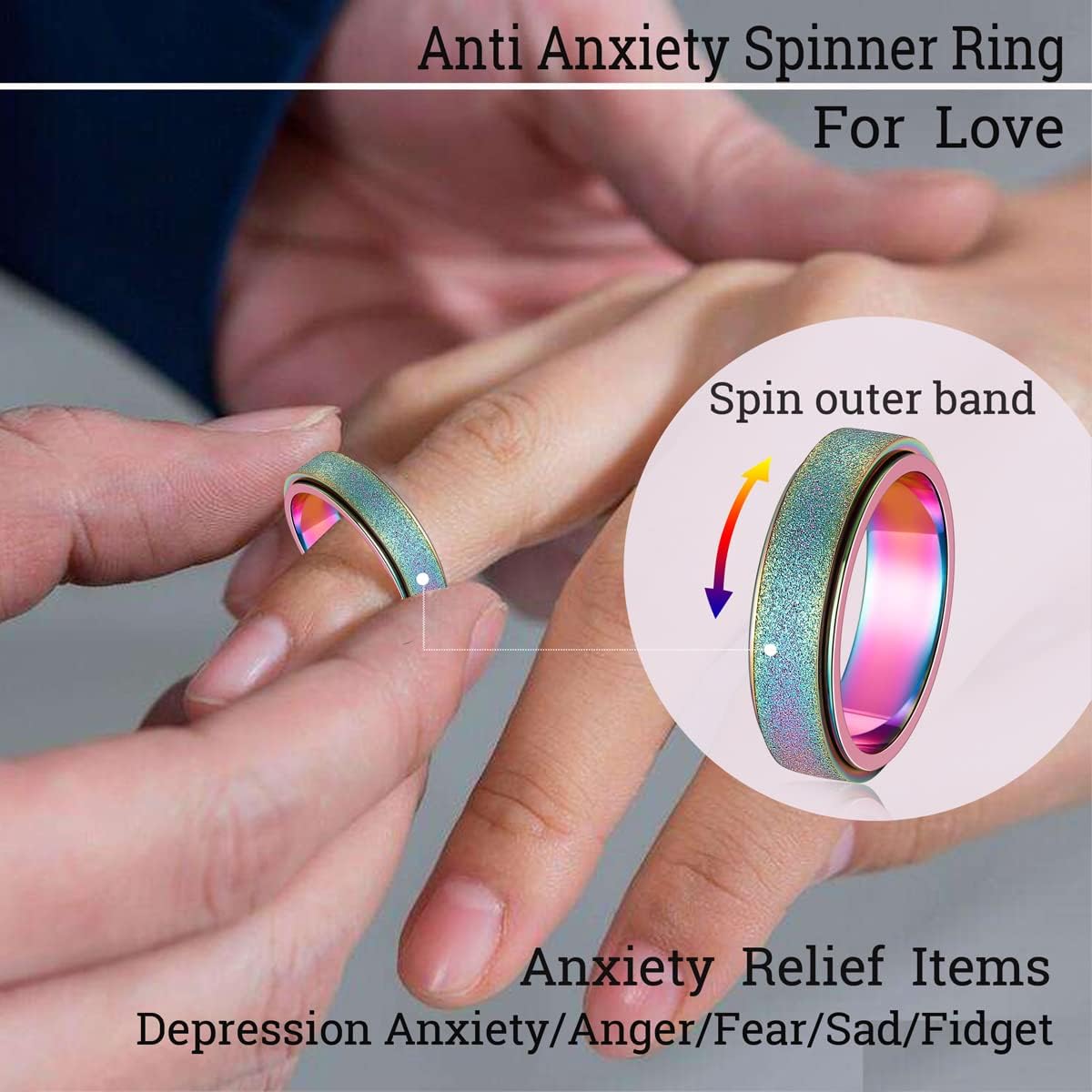 OreilleStar Anillo de ansiedad para mujer, anillo giratorio para an...