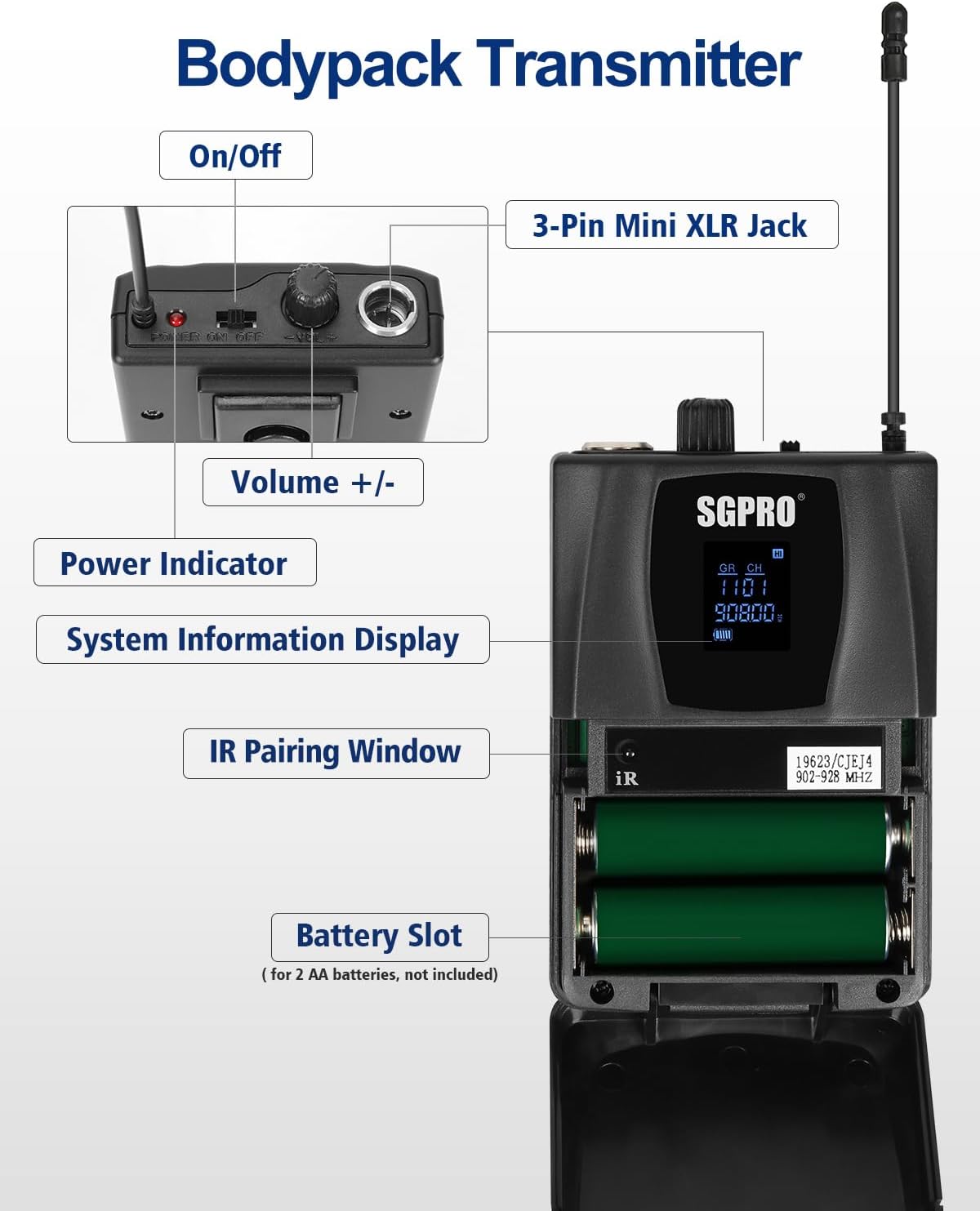 SGPRO D-332HB Dual UHF Sistema de micrófono inalámbrico, portátil y...