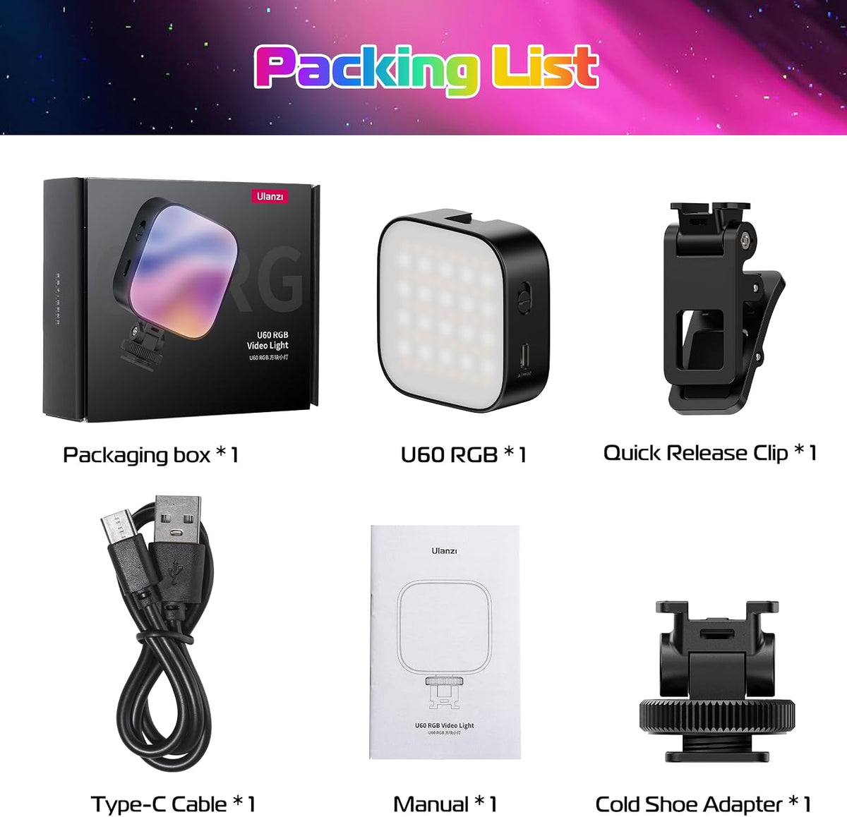ULANZI Luces de video RGB U60 Luz de cámara LED negra 360° Iluminac...