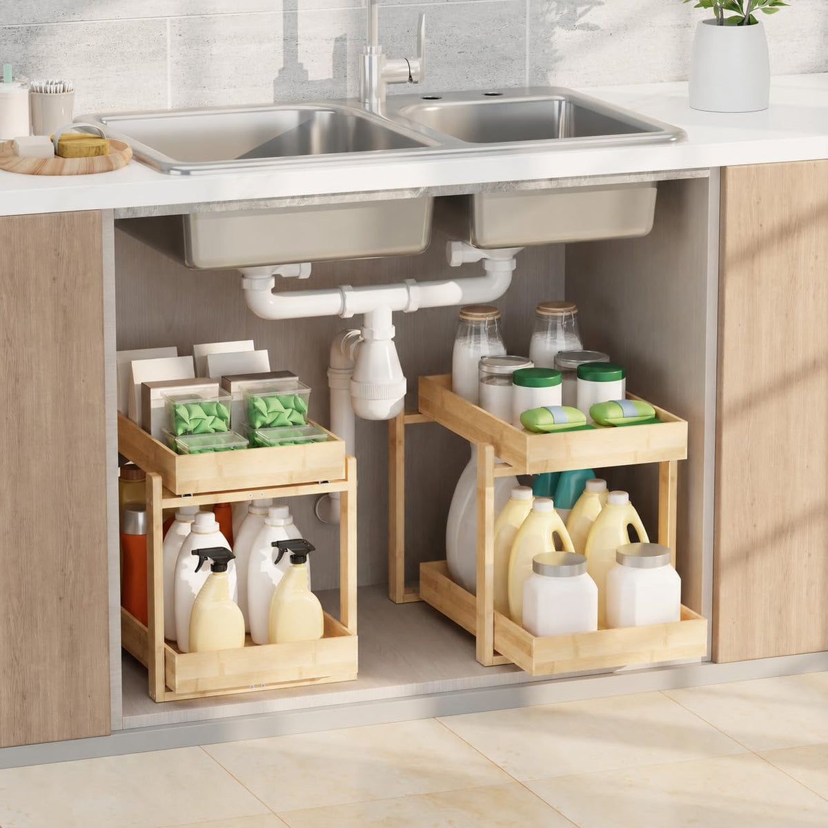 APRTAT Paquete de 2 organizadores para debajo del fregadero, almace...
