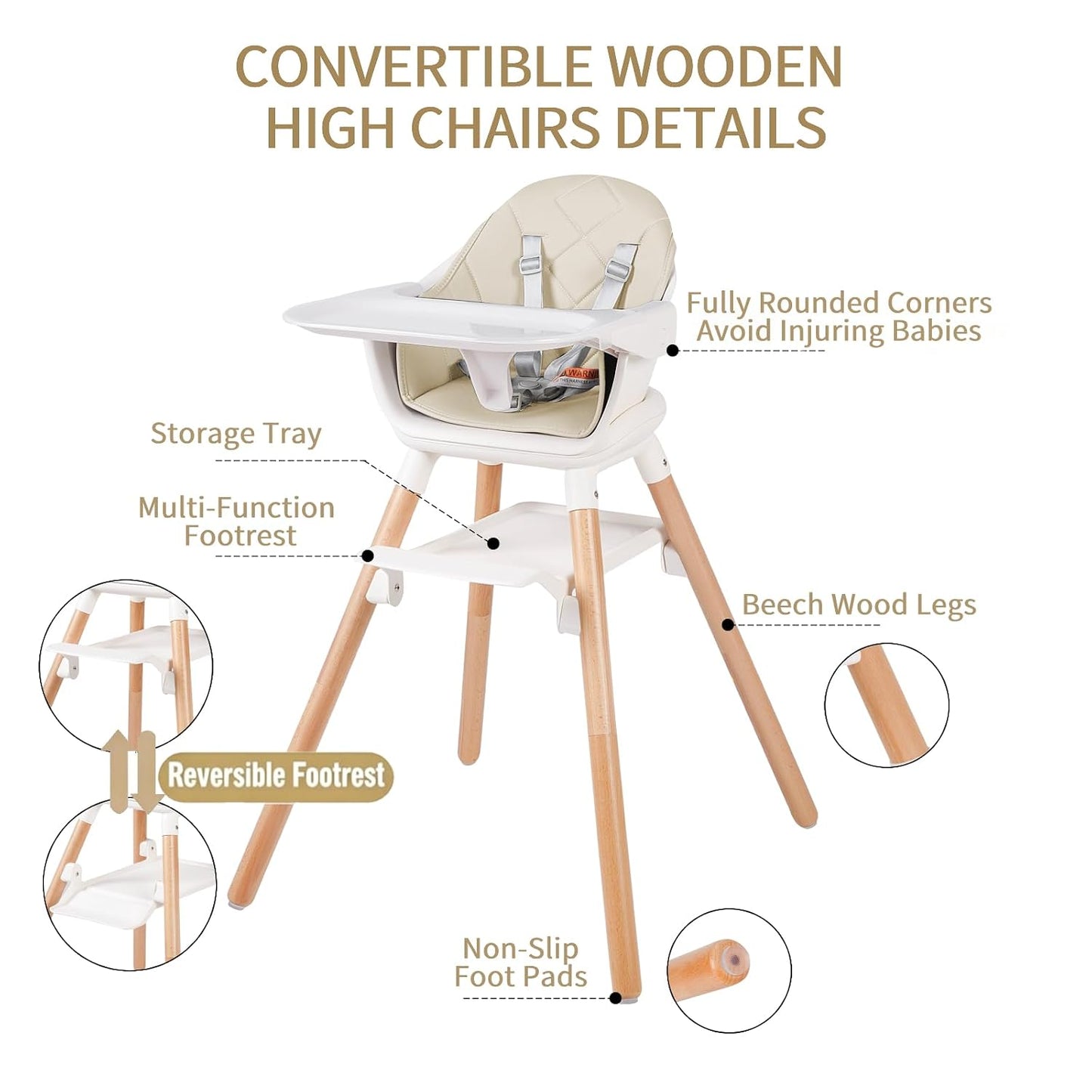 Silla alta para bebé 6 en 1, sillas altas convertibles de madera, c...