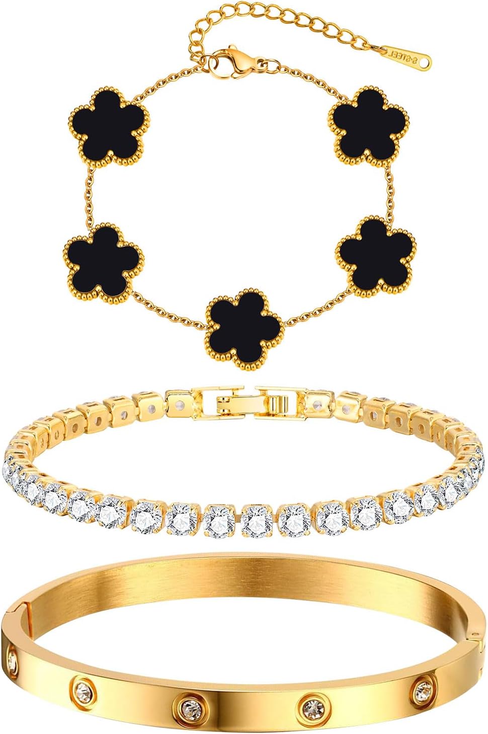 Pulseras florales apilables para mujer en oro - Juego de 3 pulseras...