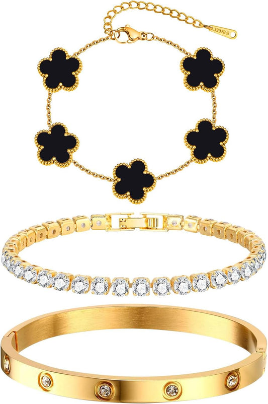 Pulseras florales apilables para mujer en oro - Juego de 3 pulseras...