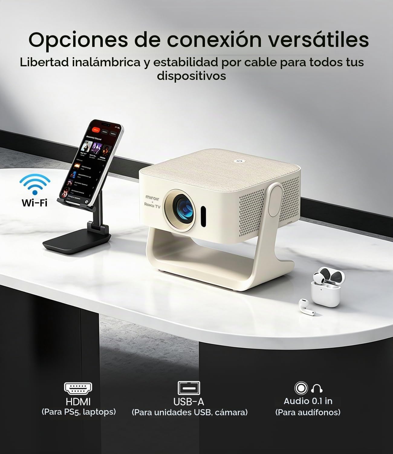 Miroir Roku - Proyector inteligente para TV con WiFi y Bluetooth, 3...
