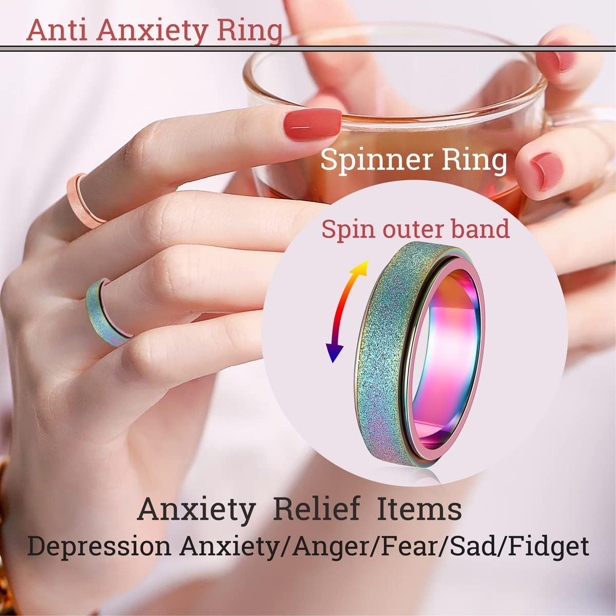 OreilleStar Anillo de ansiedad para mujer, anillo giratorio para an...