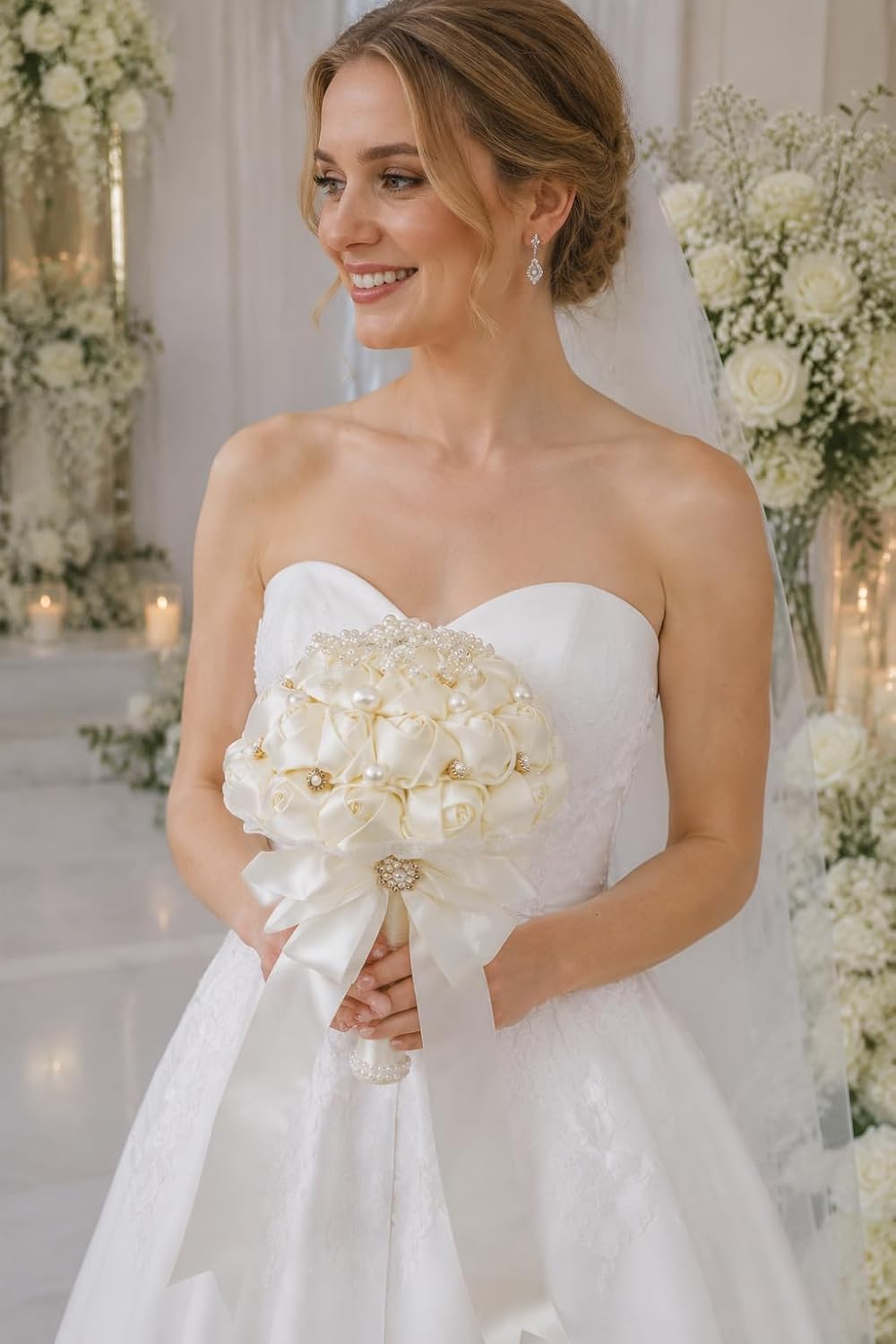 Sousi Ramo de novia de satén, ramos de boda de color blanco marfil,...