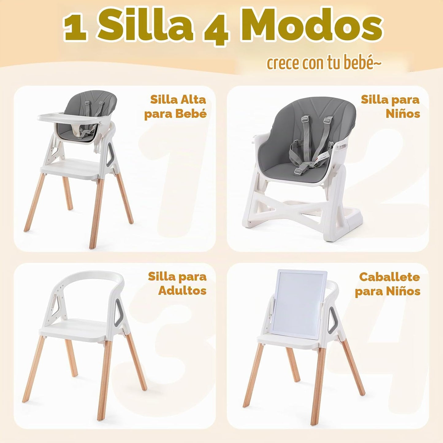 Silla alta para bebé, silla alta convertible de madera 4 en 1 para...