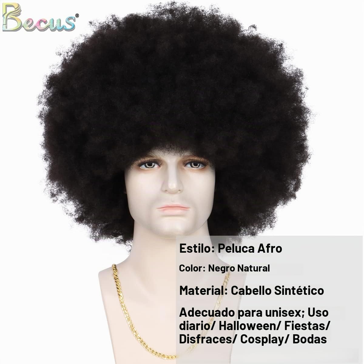 BECUS - Peluca afro para hombre, esponjosa, grande, rizada, color n...
