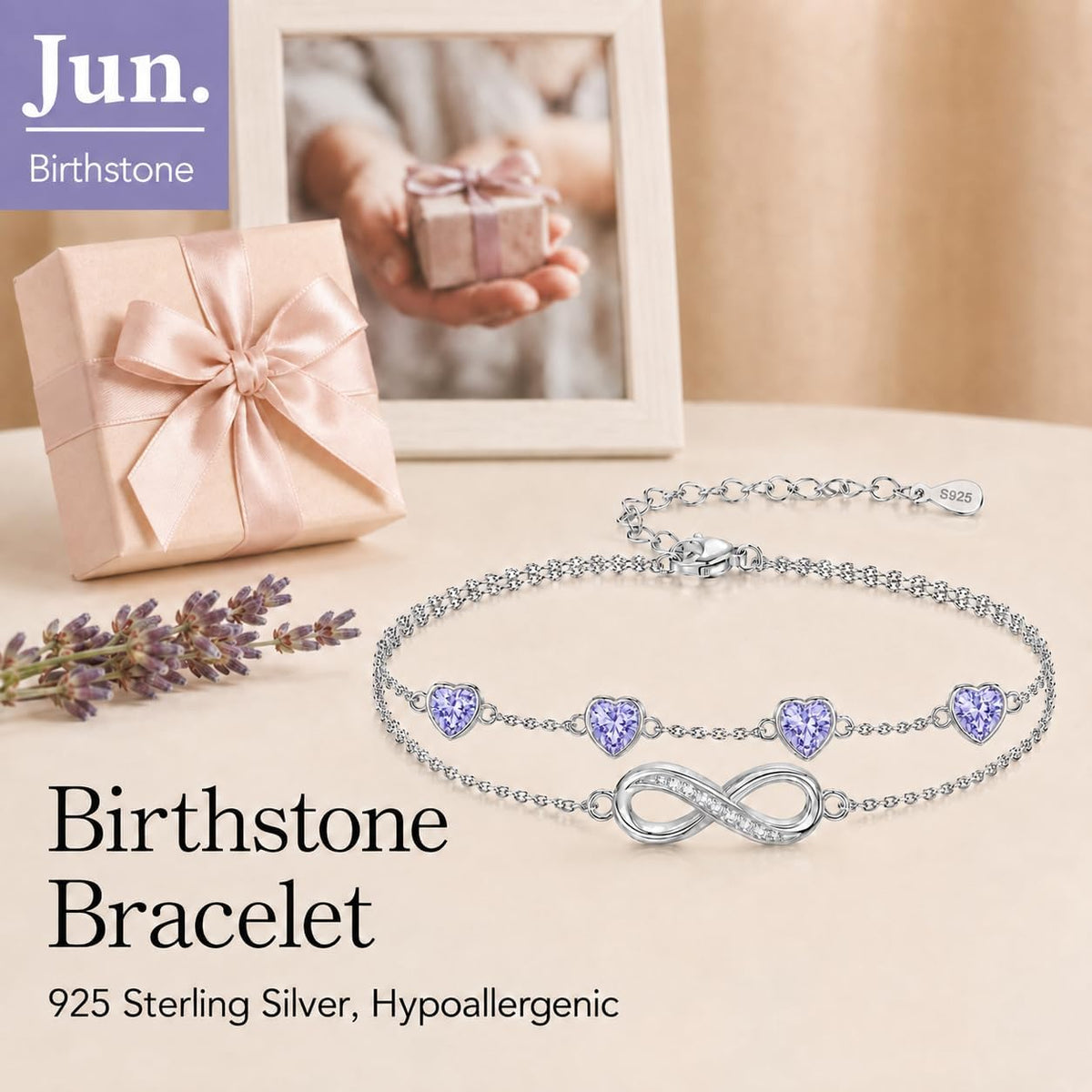Distance Pulsera de plata 925 con corazón infinito y piedra natal p...