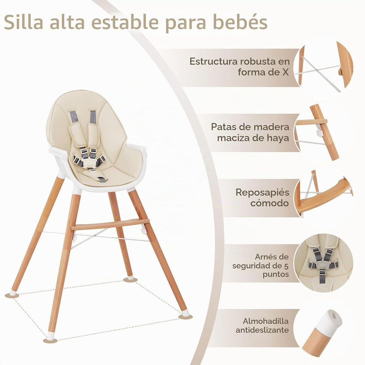 HONEY JOY Silla alta para bebé, trona de madera de haya Eat &amp; G...