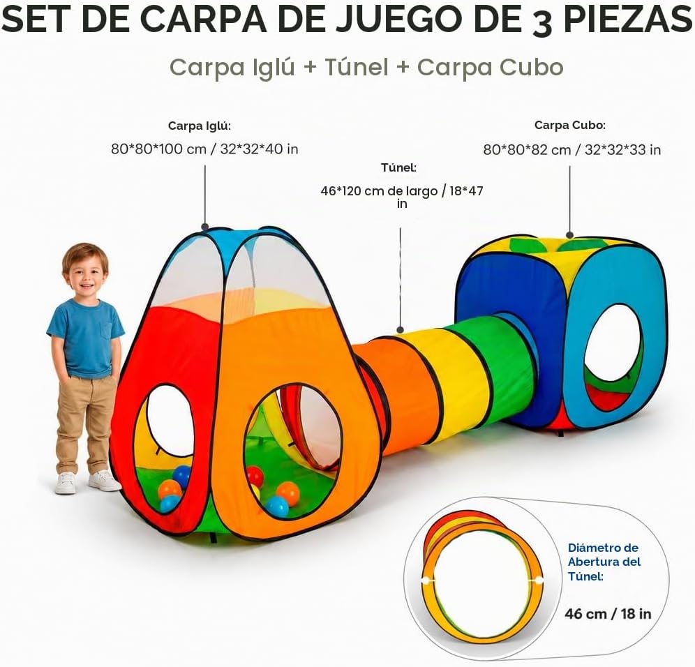 NUBUNI Tienda de campaña desplegable de 3 piezas: 1 túnel de gateo...