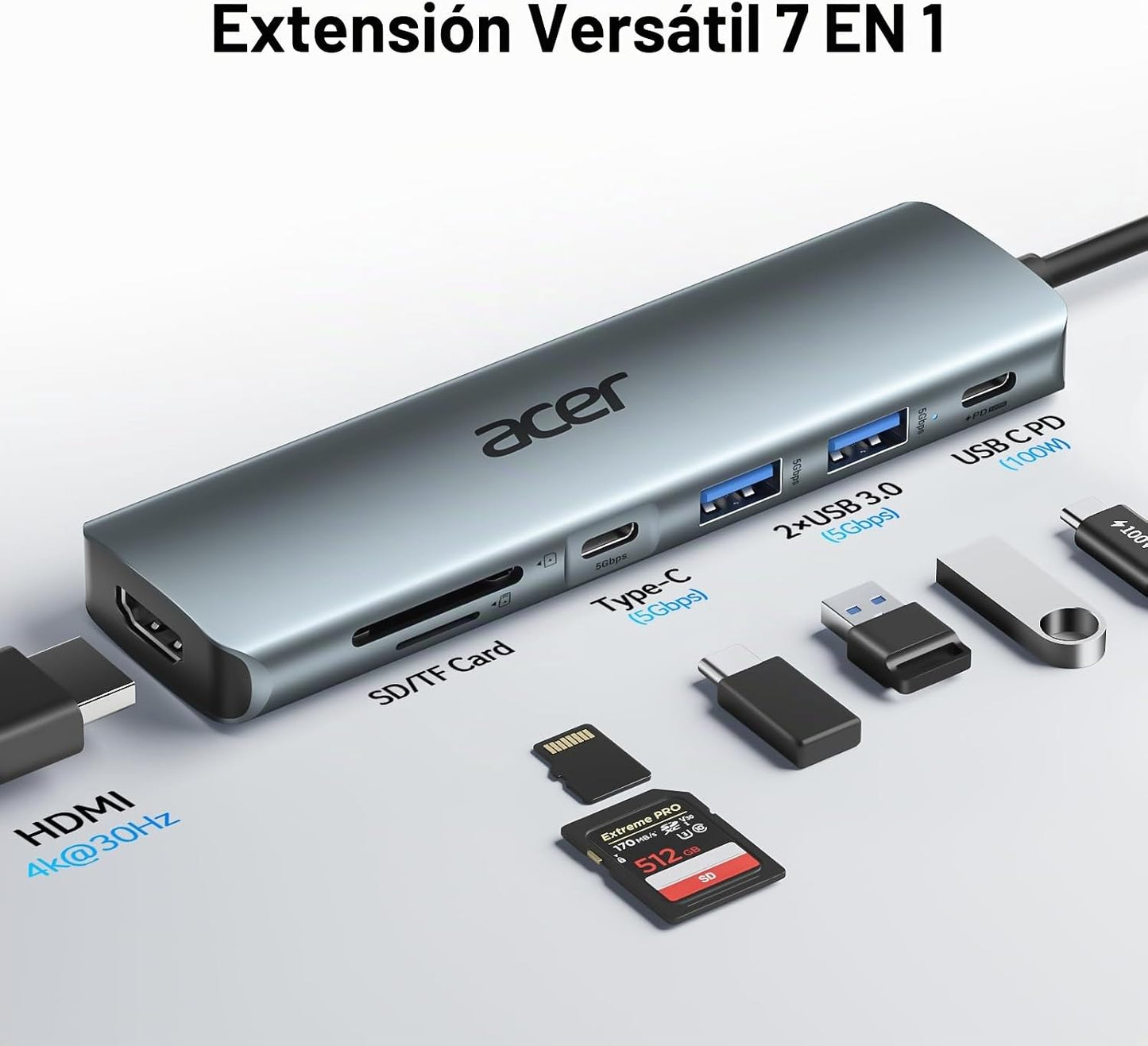 Acer Hub USB C, Adaptador Multipuerto 7 en 1 para Laptop, 4K, Divis...