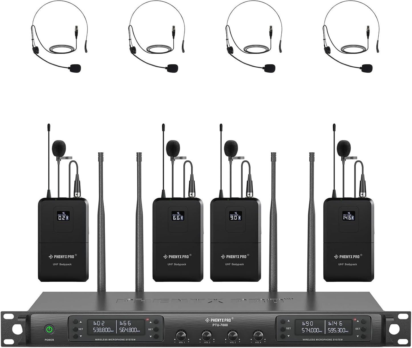 Phenyx Pro Sistema de micrófono inalámbrico de 4 canales, set de mi...