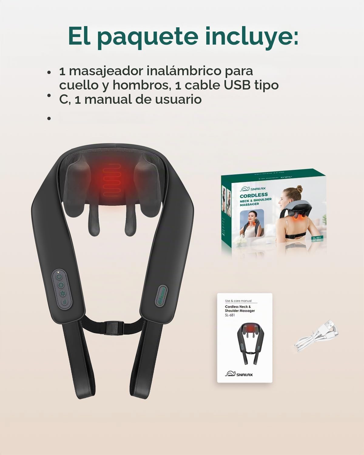 Snailax Masajeador inalámbrico de cuello y hombros con calor, amasa...