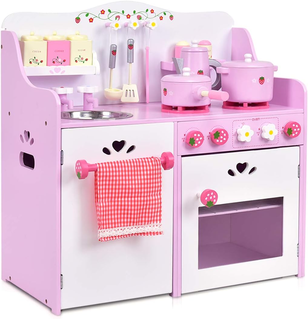 HONEY JOY Juego de Cocina Rosa para Niños, Cocina de Juego de Simul...