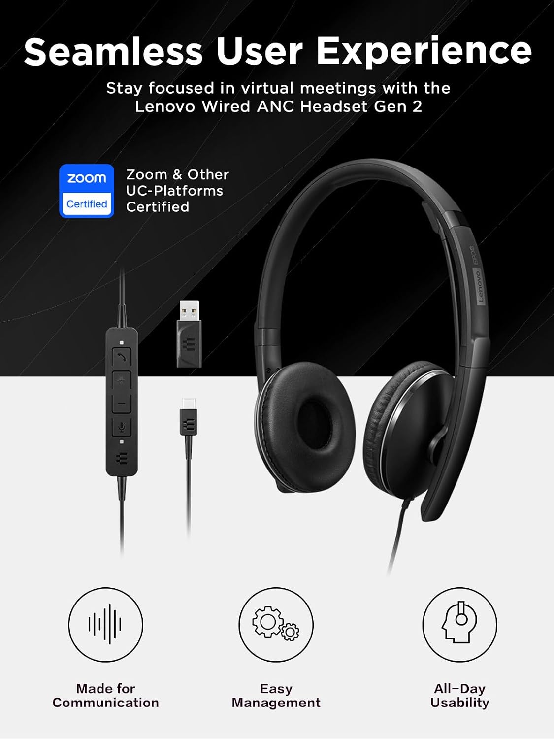 Auriculares con cable Lenovo con cancelación activa de ruido (ANC),...