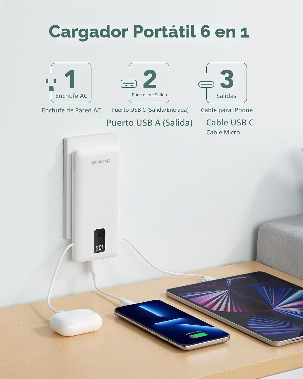 charmast Cargador portátil con cables integrados y enchufe de pared...