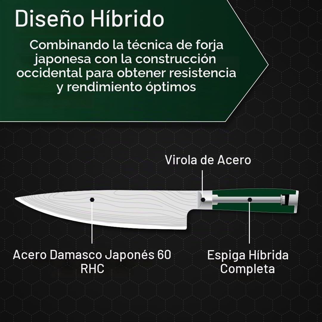 HexClad Juego de 7 cuchillos de acero de Damasco japonés verde con...