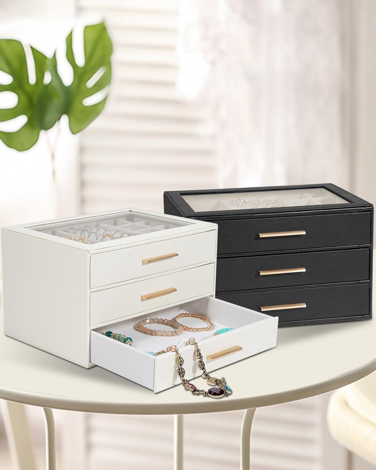 GUOER Joyero para mujer, organizador de joyas con tapa de vidrio co...