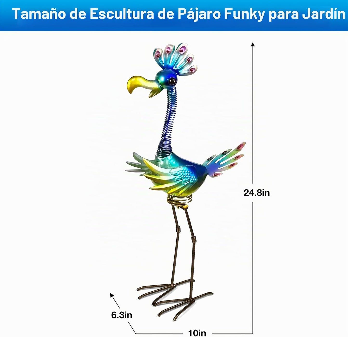 Divertida estatua de flamenco azul de metal, vibrante arte de pájar...