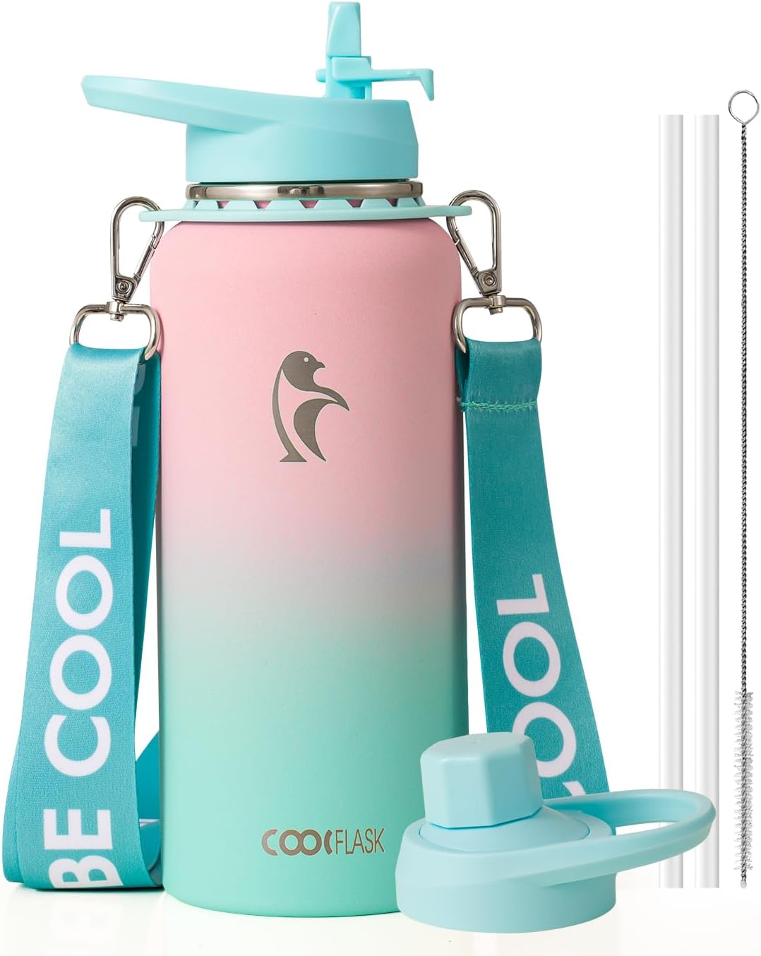 Coolflask Botella de agua de 64 onzas con popote, jarra de agua ais...