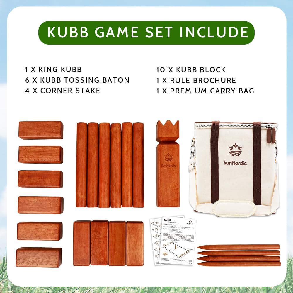SunNordic Juego de jardín Kubb de madera de caucho con bolsa de tra...