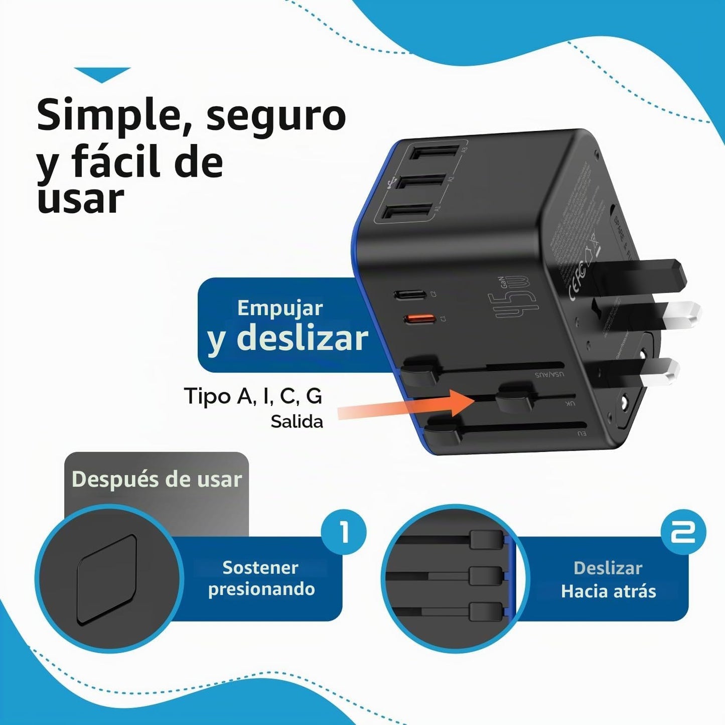 Ceptics Adaptador de viaje universal de 45 W, adaptador de viaje in...