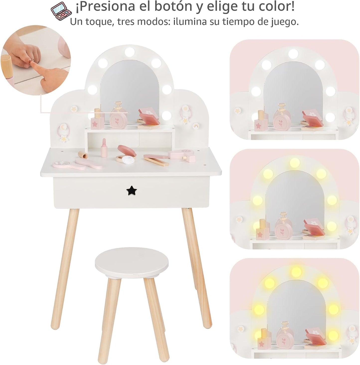 Leeshyah Juego de Tocador para Niñas con Espejo de Luz de 3 Colores...