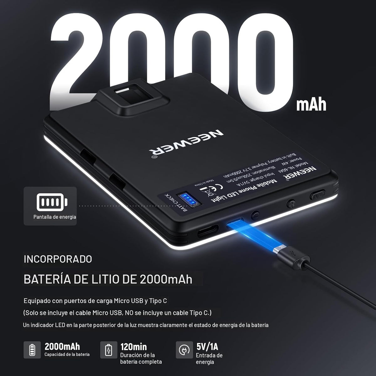 NEEWER Basics NL-60AI - Luz para selfie para teléfono con clip fron...