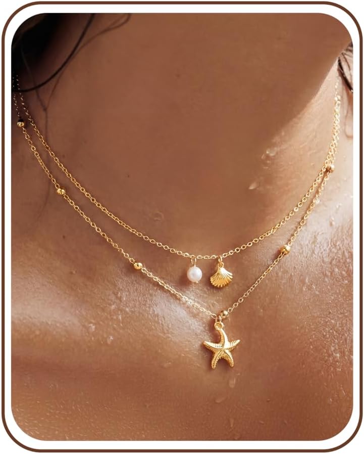 LOYALLOOK Collar de estrella de mar de concha para mujer, chapado e...