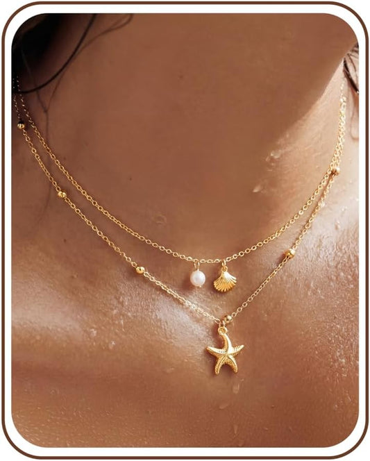 LOYALLOOK Collar de estrella de mar de concha para mujer, chapado e...