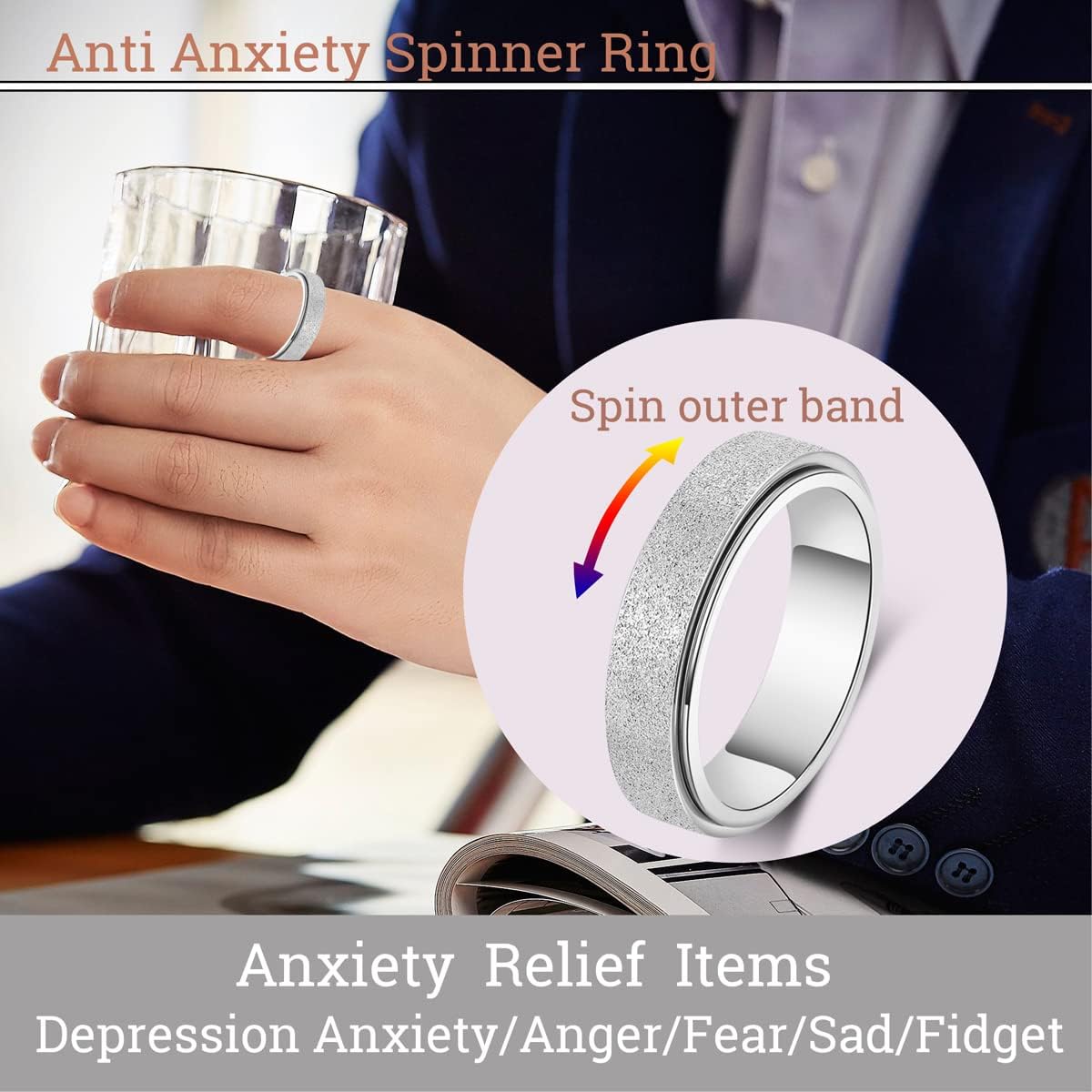 OreilleStar Anillo de ansiedad para mujer, anillo giratorio para an...