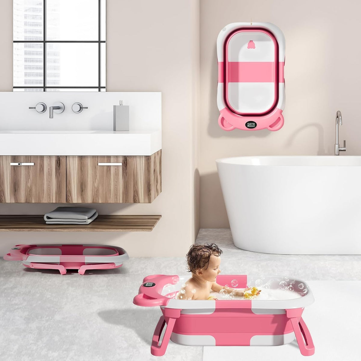 MoreFeel Bañera plegable para bebé recién nacido con termómetro y 1...