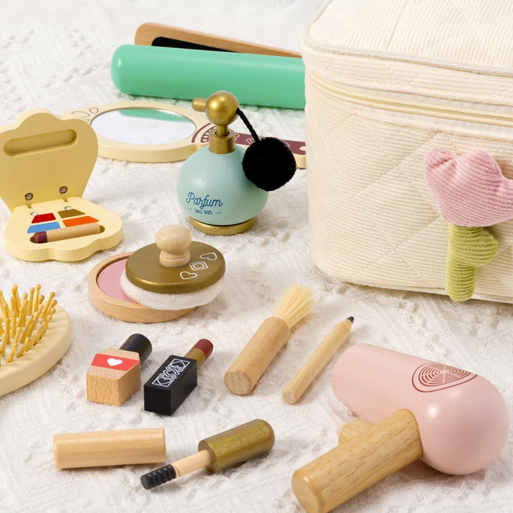 Atoylink Juego de maquillaje de madera, 15 piezas, juguetes de pelu...