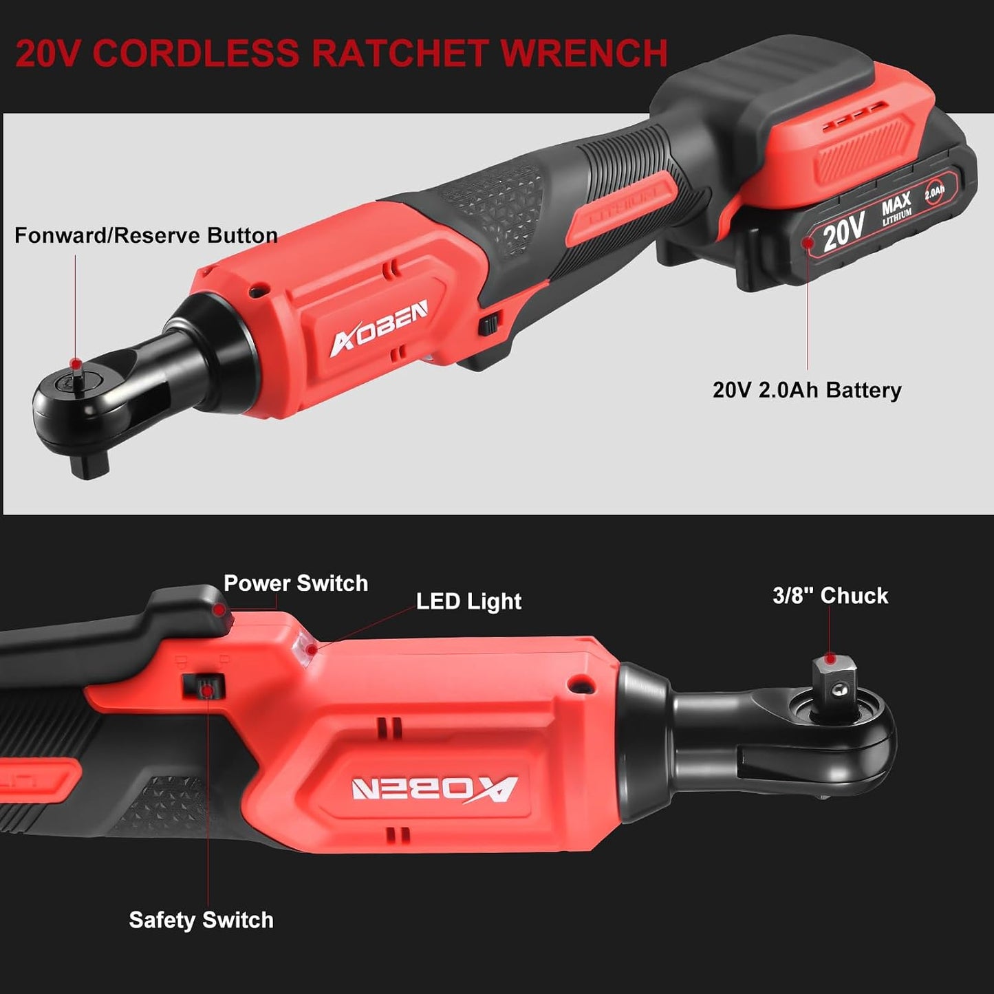 AOBEN Kit de llave de trinquete inalámbrica de 20 V, 3\/8", trinque...