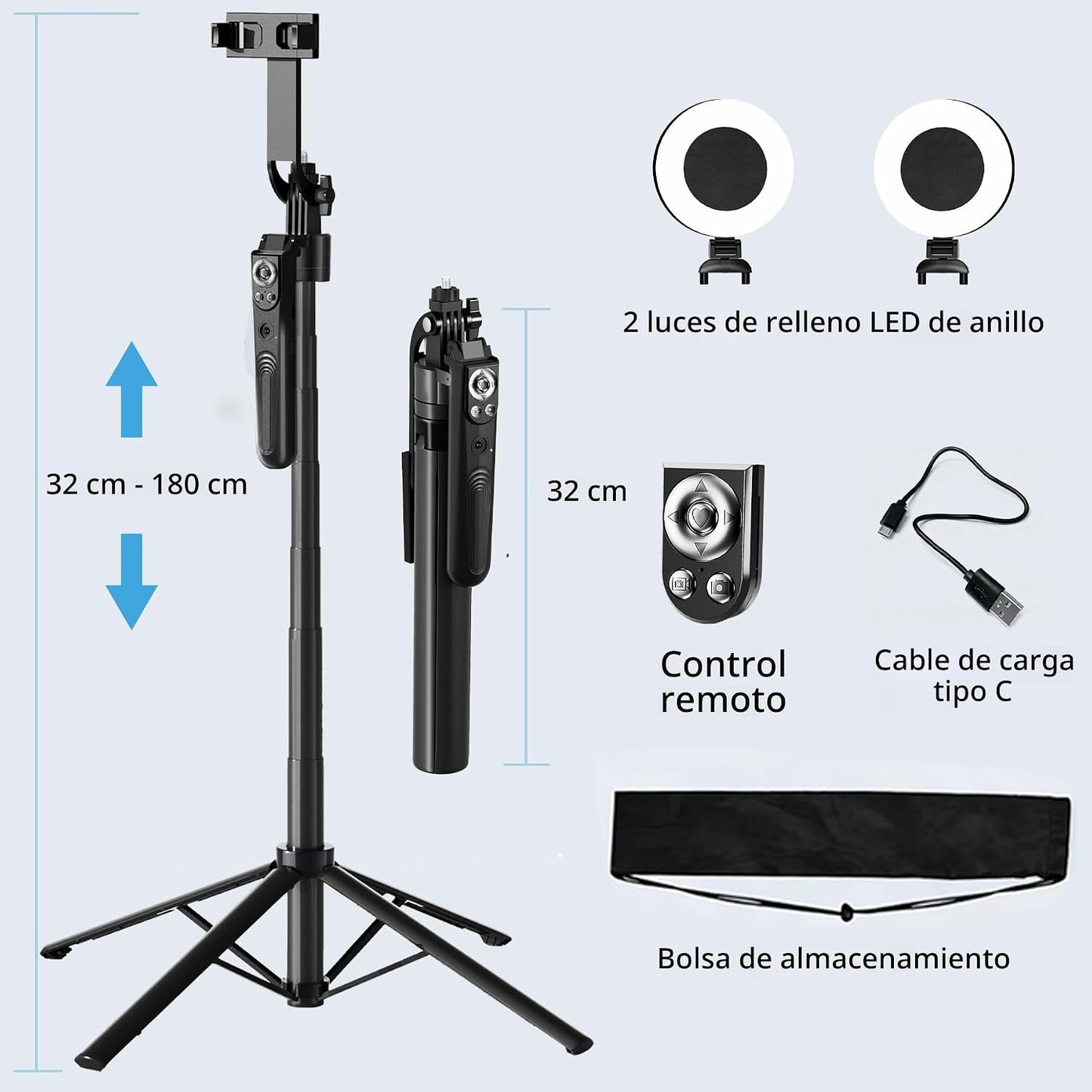 Trípode de seguimiento facial automático para iPhone con luz, palo...