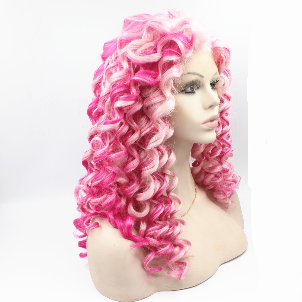 MX angel Mxangel - Peluca larga de color rosa rizado con encaje fro...