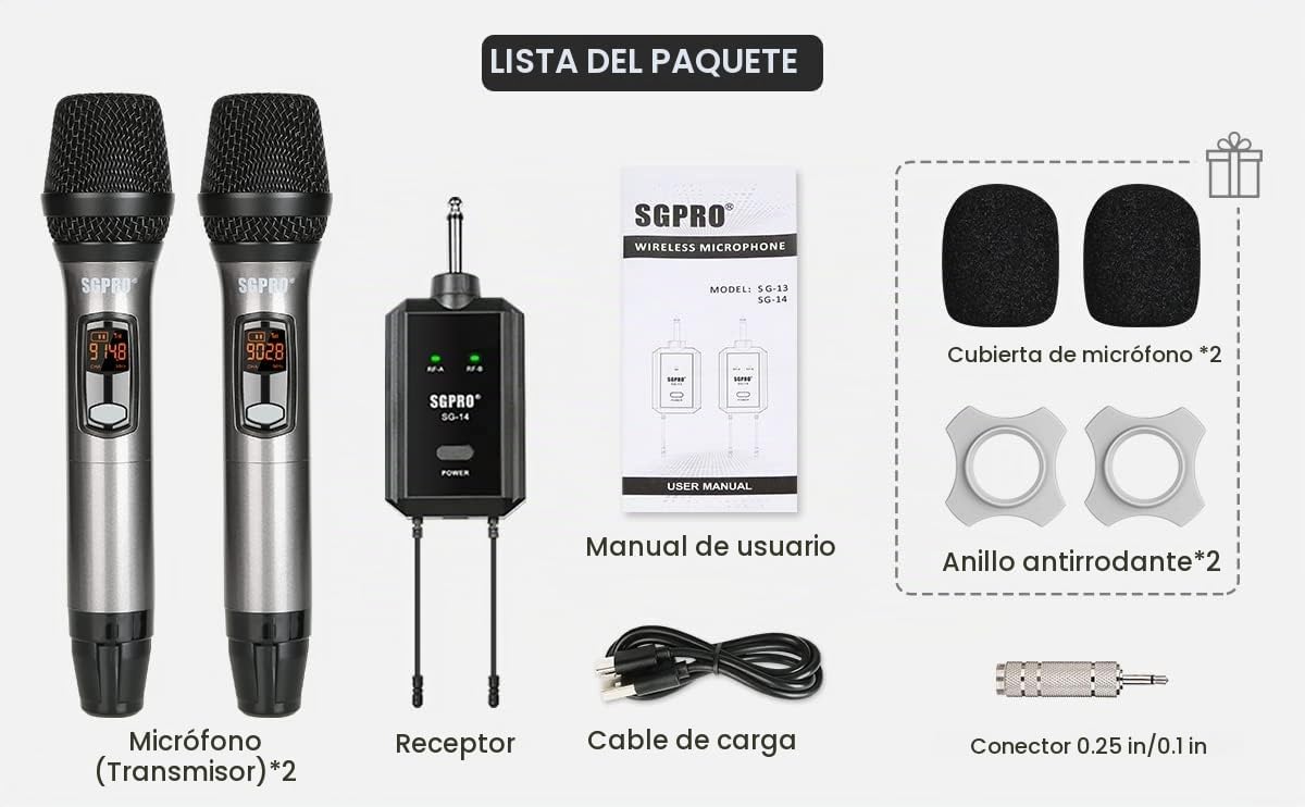 SGPRO Juego de micrófonos inalámbricos multiusos, receptor compacto...