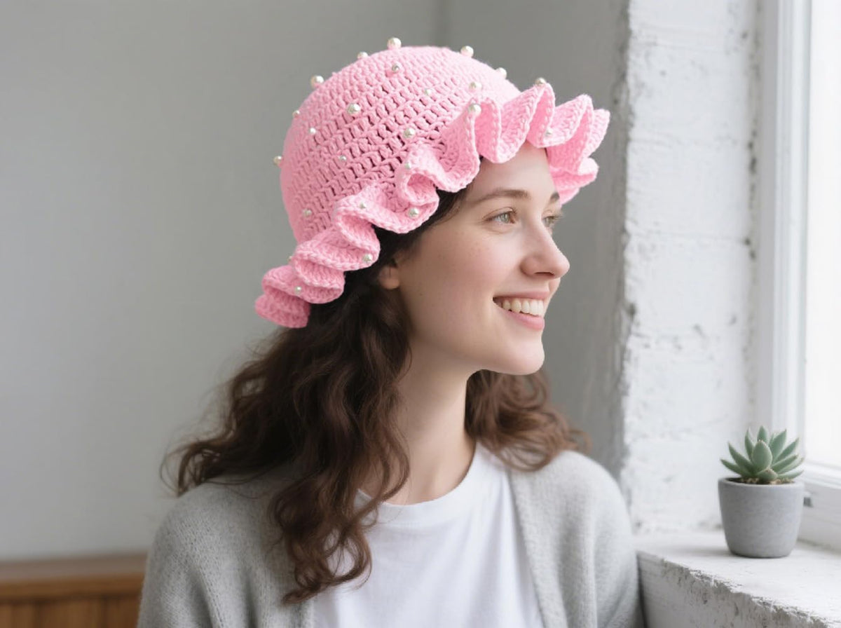 Hshsclth Sombrero de ganchillo de perlas estrelladas para mujer, he...