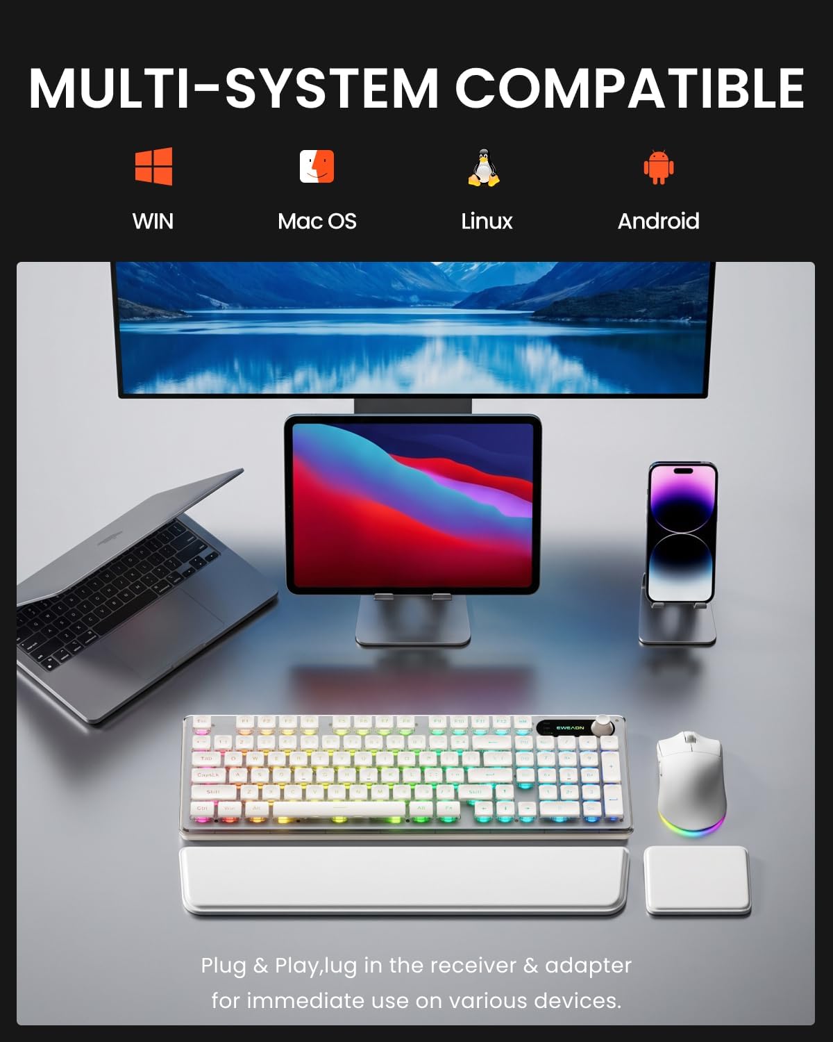 EWEADN V98 Combo de teclado y mouse inalámbrico con reposamuñecas d...
